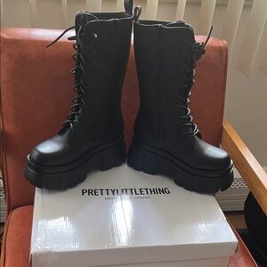 PrettyLittleThing Black Lace-Up Moto Boots